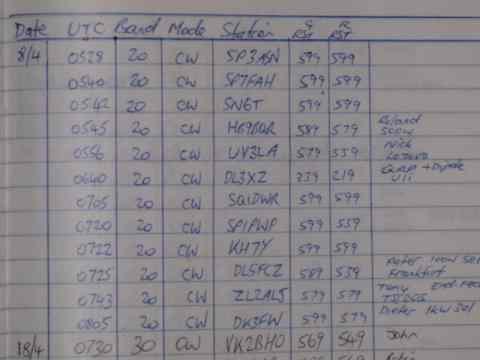 Picture of log of DX contacts - all made with 5 watts